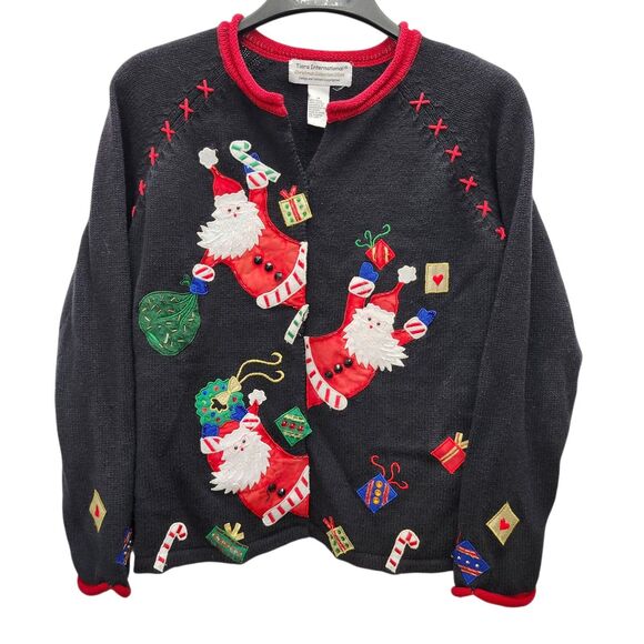 Tiara International Christmas Cardigan Sweater Womens Medium Black Red VTG 2004 - Picture 2 of 8